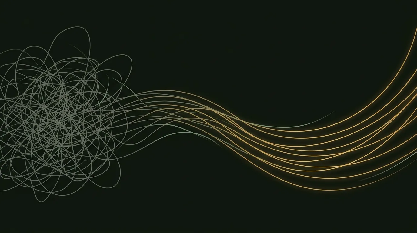Illustration: verworrene Linien lösen sich in klare, goldene Bahnen auf — vom Chaos zum Flow